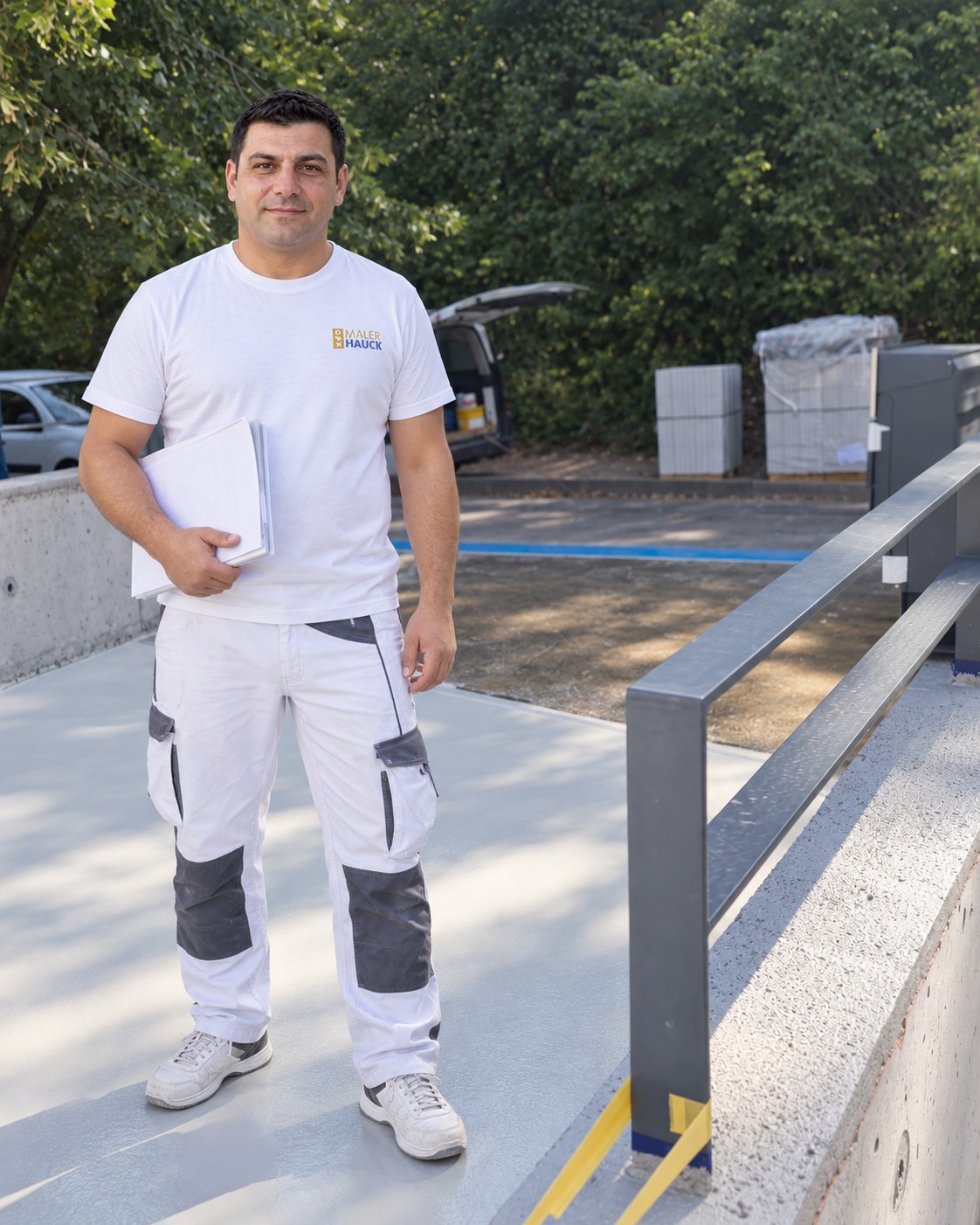 Mitarbeiter mit Auftragsunterlagen auf dem Firmengelände