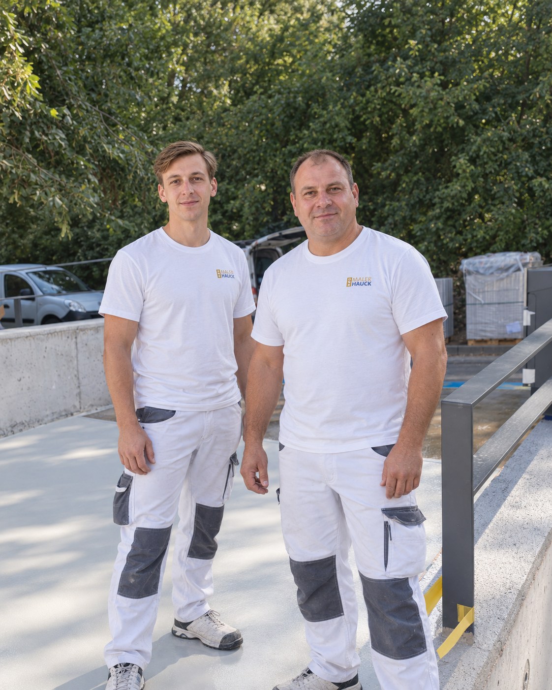 Zwei Kollegen der Malerhauck-Truppe bei einer kurzen Arbeitsrunde auf dem Firmengelände